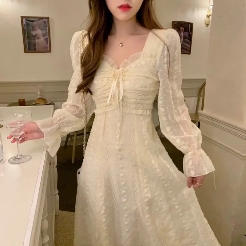 Dress Lace Fairy Dress Square Neck Chiffon Dress Korean Style Princess Dress Pesta Gaun Putih Floral Dress Retro Dress Pantai Dress Vintage Dress Cream Dress Kondangan Dress mewah M367 2