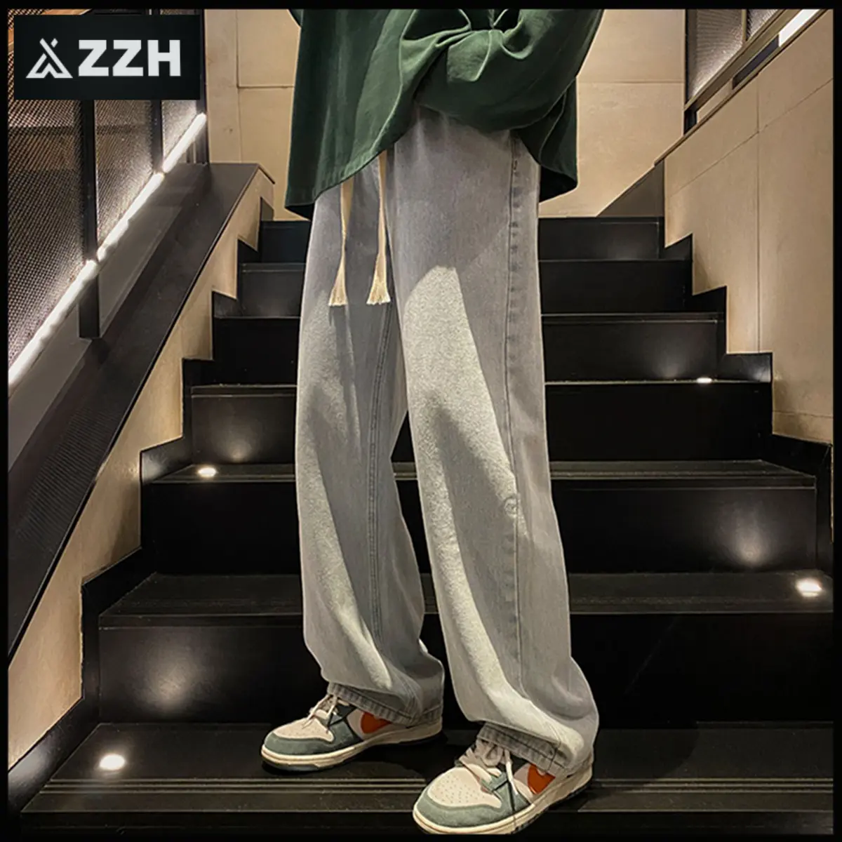 celana jins pria celana jeans serut Celana Jeans Kulot denim longgar panjang Tali serut besar berwarna biru muda manning jeans straight loose lembut Retro Hitam