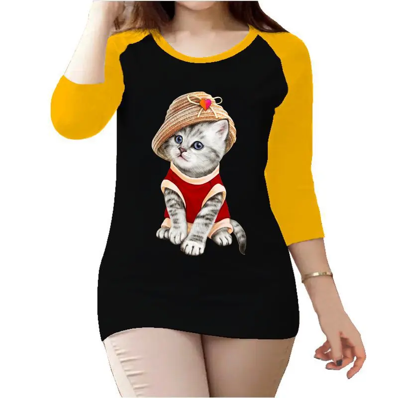 Mareebelikaos.id - Kaos Atasan Wanita Motif Kucing Topi Lengan 3/4 Raglan Baju  Premium Sablon Custom Digital Printing Santai Dewasa Cewek 3