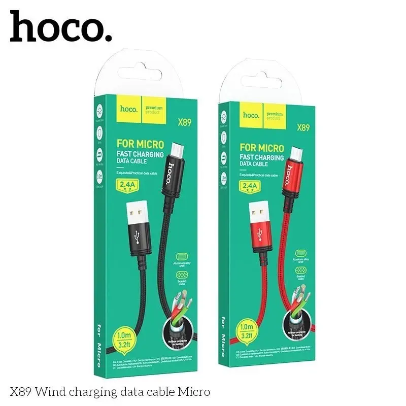 Dây sạc hoco X89, hỗ trợ sạc nhanh 2.4A truyền dữ liệu từ USB sang micro, dây bện dù chống đứt, gãy gập, dài 1m. 8