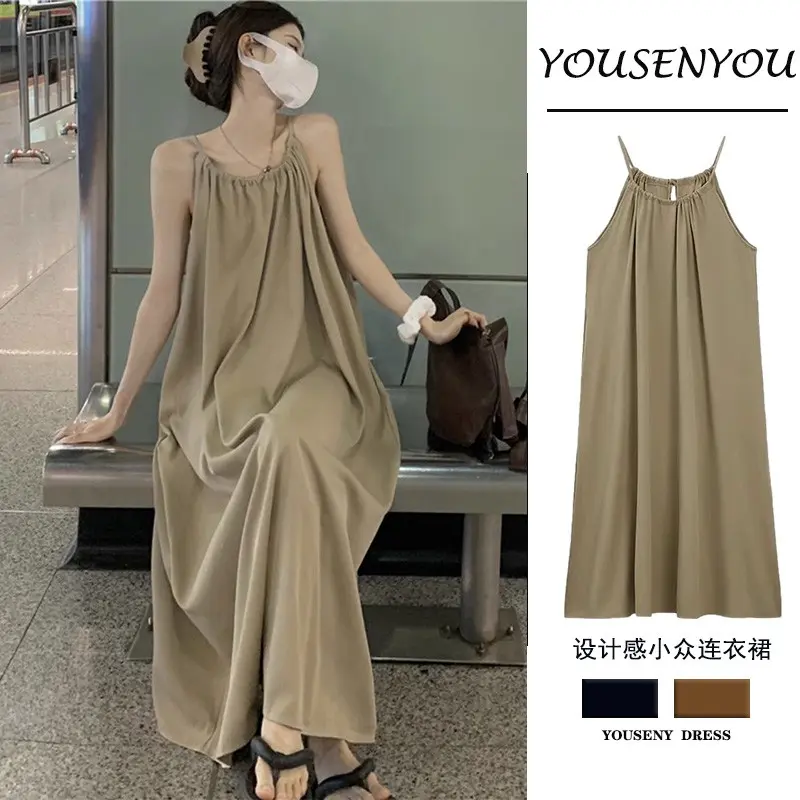 Váy Hai Dây Kiểu Pháp, Tiệc Trà, Cảm Giác Cao Cấp Mùa Hè Cho Nữ, Phong Cách Cổ Tích Rừng, Hoa Chuông, Váy Dài Đi Kỳ Nghỉ Bãi Biển Bên Hông