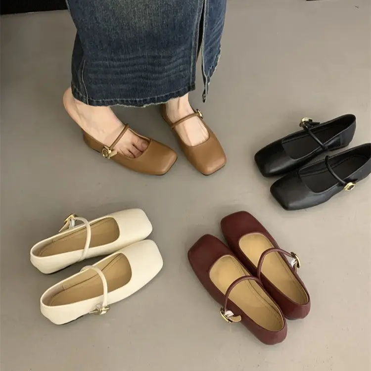 French Retro Square Toe Low-Cut Shoes Women's Shoes 2024 New Spring Gentle Fairy Lady Style Flat Mary Jane Shoes Girl Footwear Walking Shoes Running Comfort Bedroom