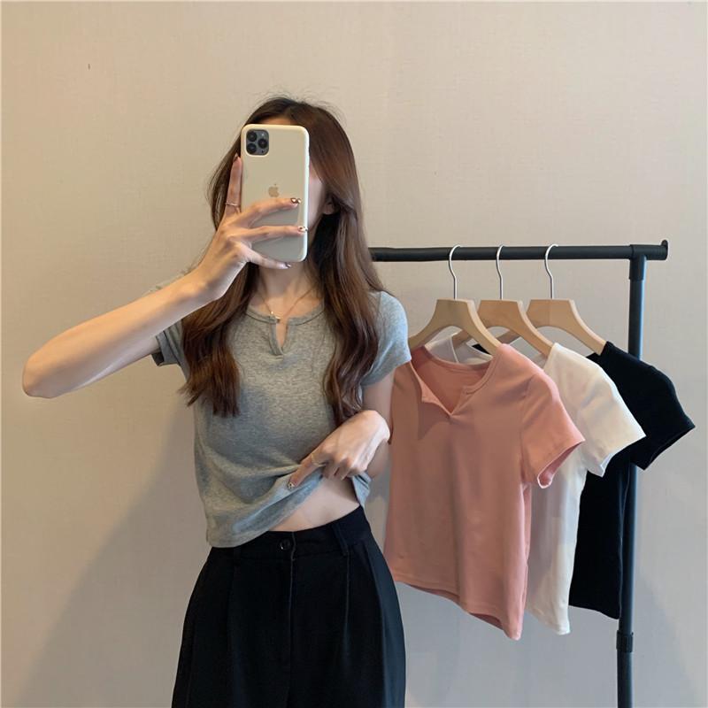Product Introduction of Summer slim fit crop top spicy girl outfit T-shirt short sleeved plain color, comfortable and breathable, paired with jeans 6