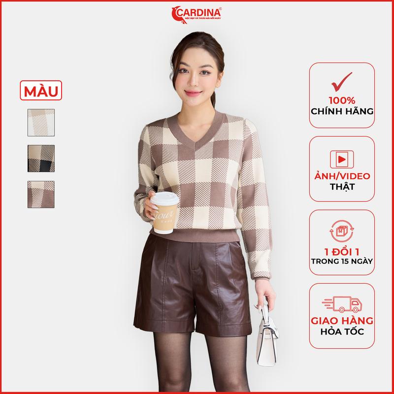 Áo len lông thỏ nữ CARDINA thiết kế cổ tim họa tiết kẻ ô phom dáng trẻ trung màu sắc tươi trẻ 3ALD02 Nhung Women Top Tre