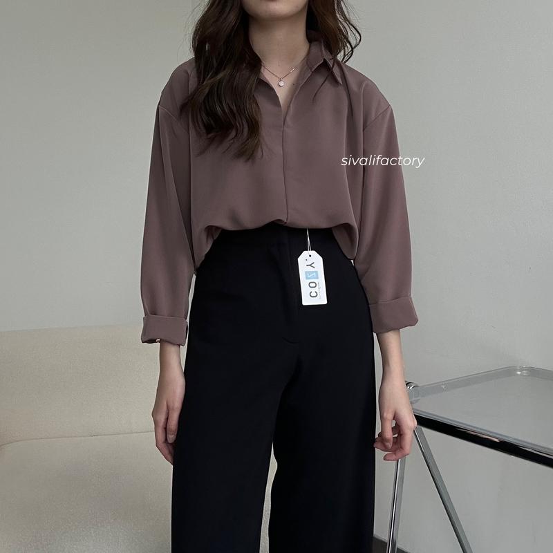 SIVALI Minji Shirt | Basic Loose Office Shirt - Kemeja Wanita Kantor Atasan Baju Anti Kusut Panjang Tebal Polyester Silk Formal Oversize Formal Oversize Kerja Hitam Casual 5
