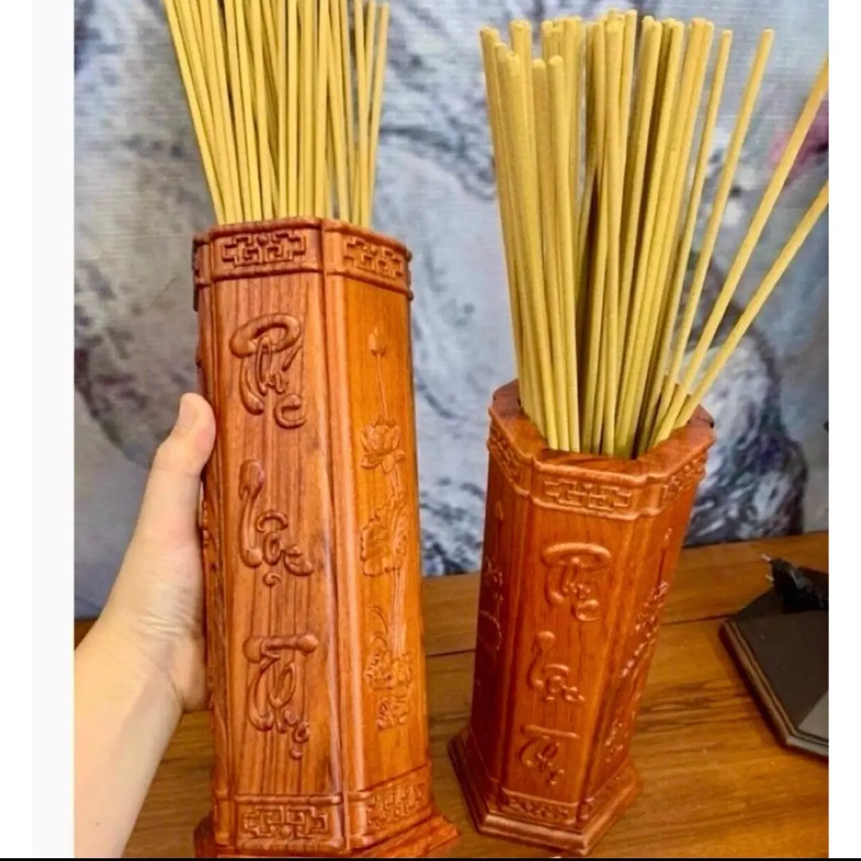 Ống đựng nhang gỗ hương để ban thờ cao 28cm - Dầu Thơm Phòng Thành Long
