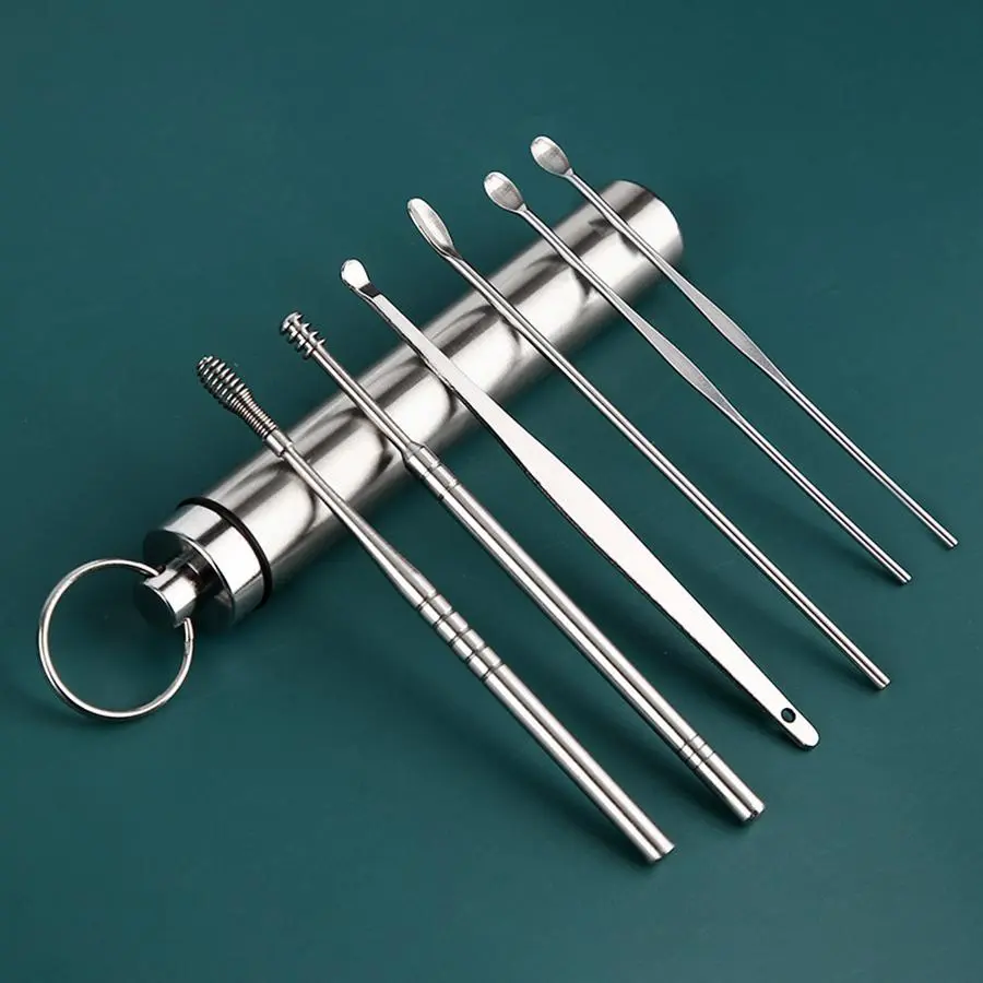 6pcs Stainless Steel Ear Wax Remover Tool with Storage Box, Earwax Collector Spiral Turn Ear Pick, Ear Cleaner Spoon, Ear Cleaning Tool Set