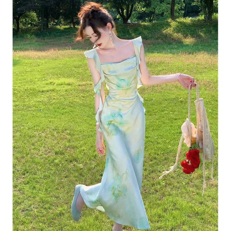 7872 đầm trễ vai xanh lá dây dàitrễ vai  iểu thư dáng dài sọc caro hở lưngđầm vintage pháp bigsize đi biển