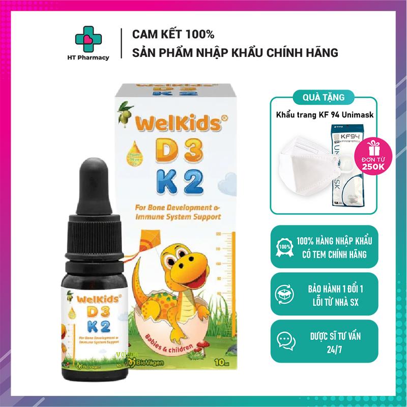 (SALE date 7/2025) WelKids D3K2 tinh khiết bổ sung vitamin D3 K2 MK7 tan trong dầu olive (10ml)