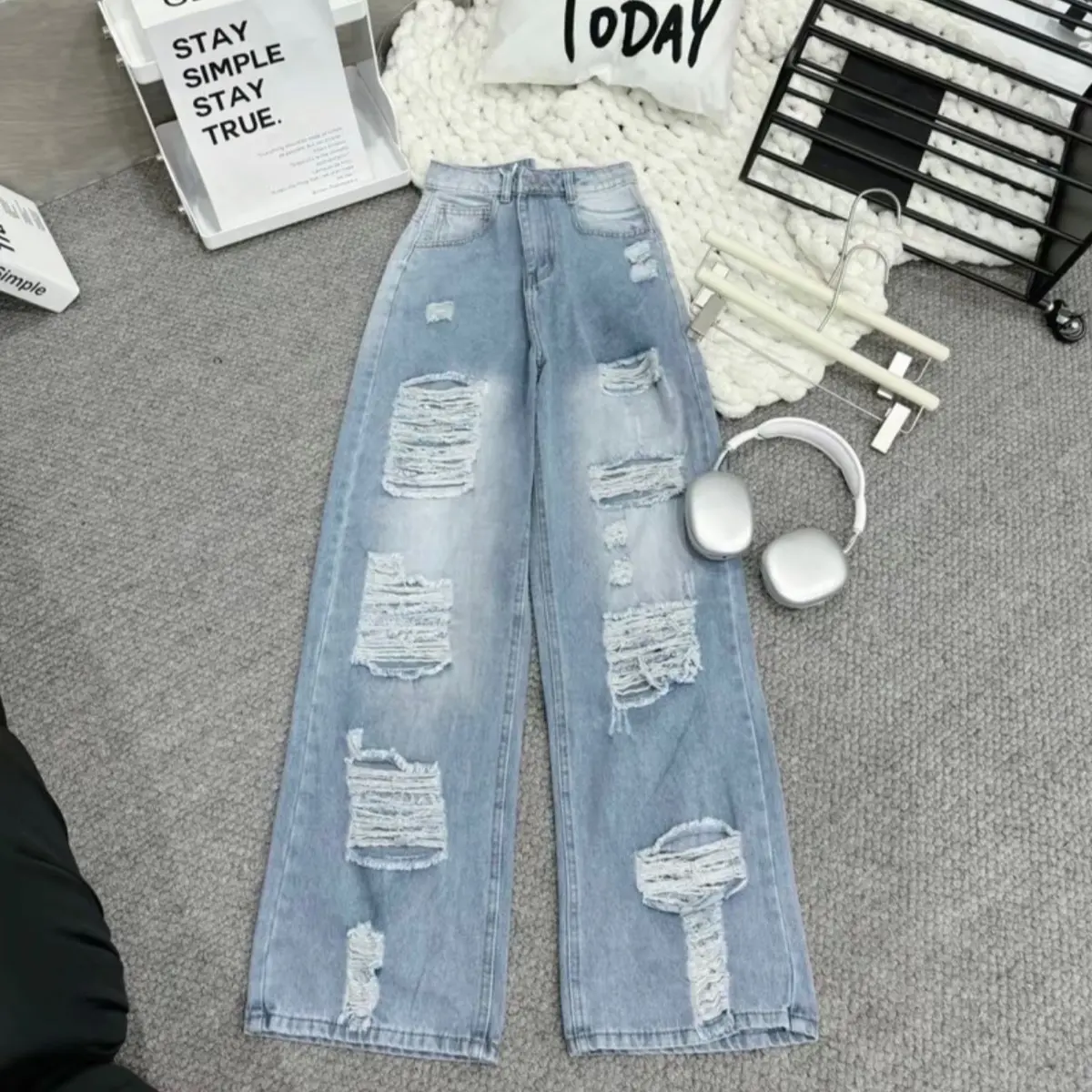 Quần Jean Nữ Lưng Cao Ống Rộng Suông Nâng Mông Rách Trước Sau Thời Trang Bạc S--115 - Pants, Kem quanje andihoc