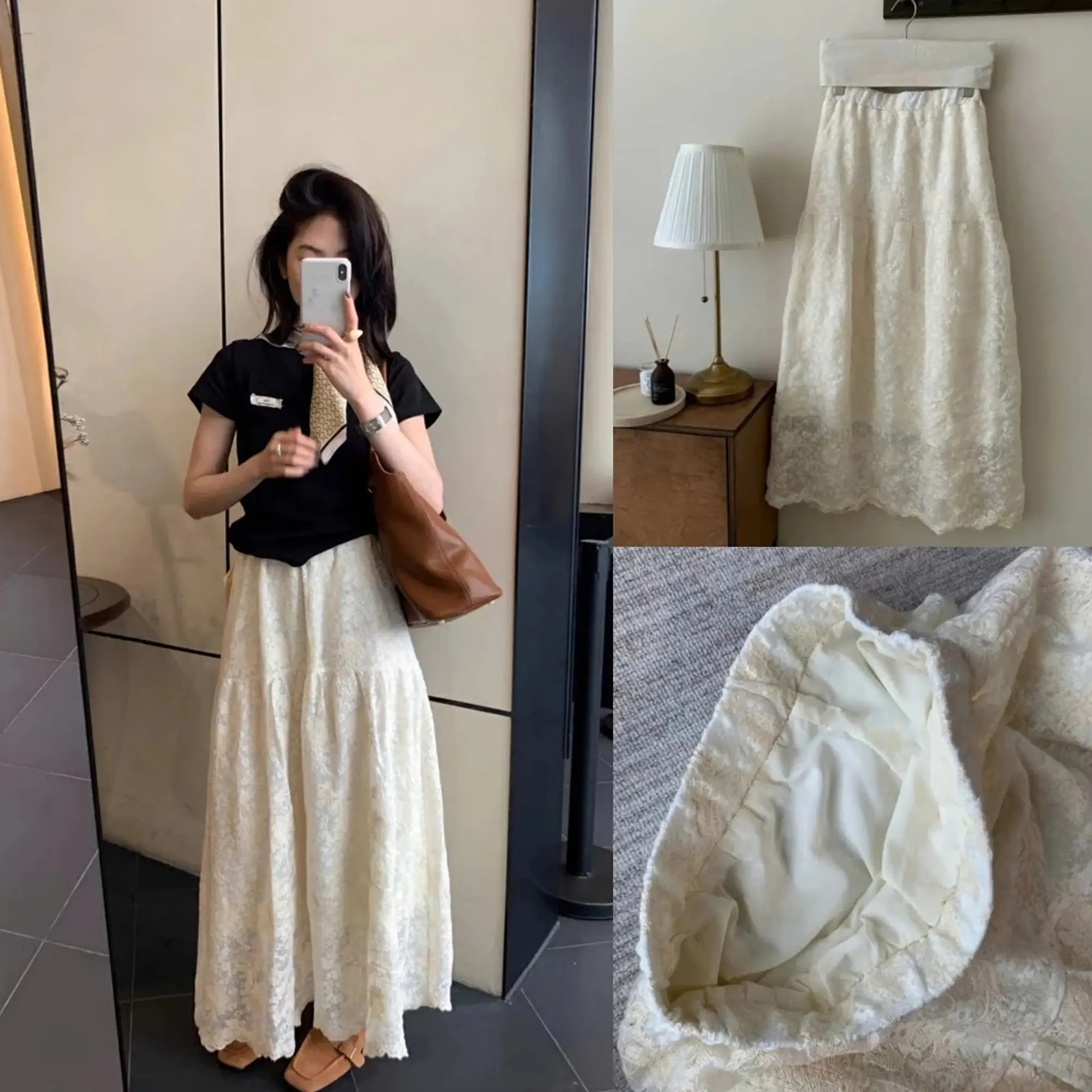 Chân váy midi thêu ren hoa 2 tầng xòe dài DEALY by Vintagevibes.