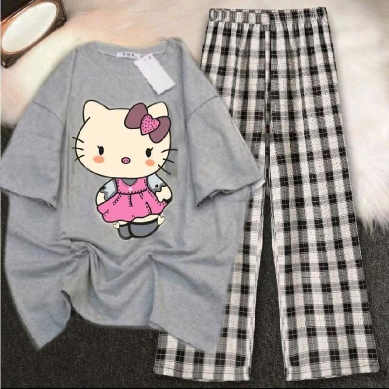 Set Bộ Đồ Quần Ống Rộng Caro Đen + Mix Áo Phông Unisex Form Thụng - Hình Mèo Màu Xám 2