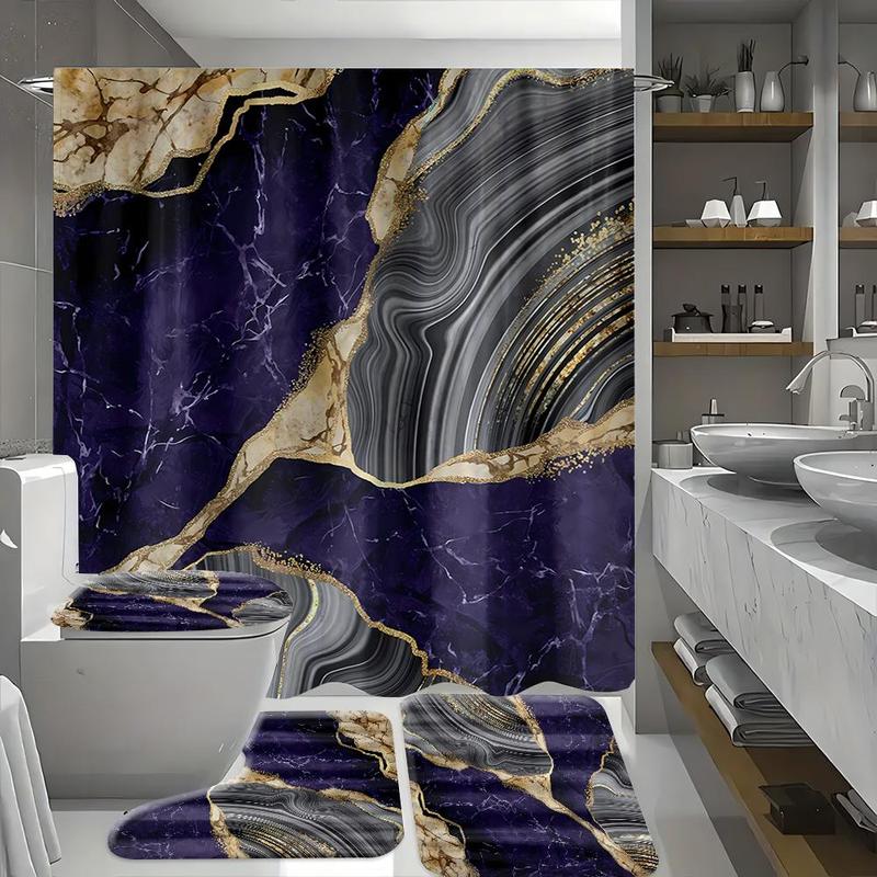 Marble Pattern Bathroom Accessories, 1 Set Including Shower Curtain with 12 Hooks, U-shaped Mat, Toilet Lid Cover Pad and Rectangular Mat 5