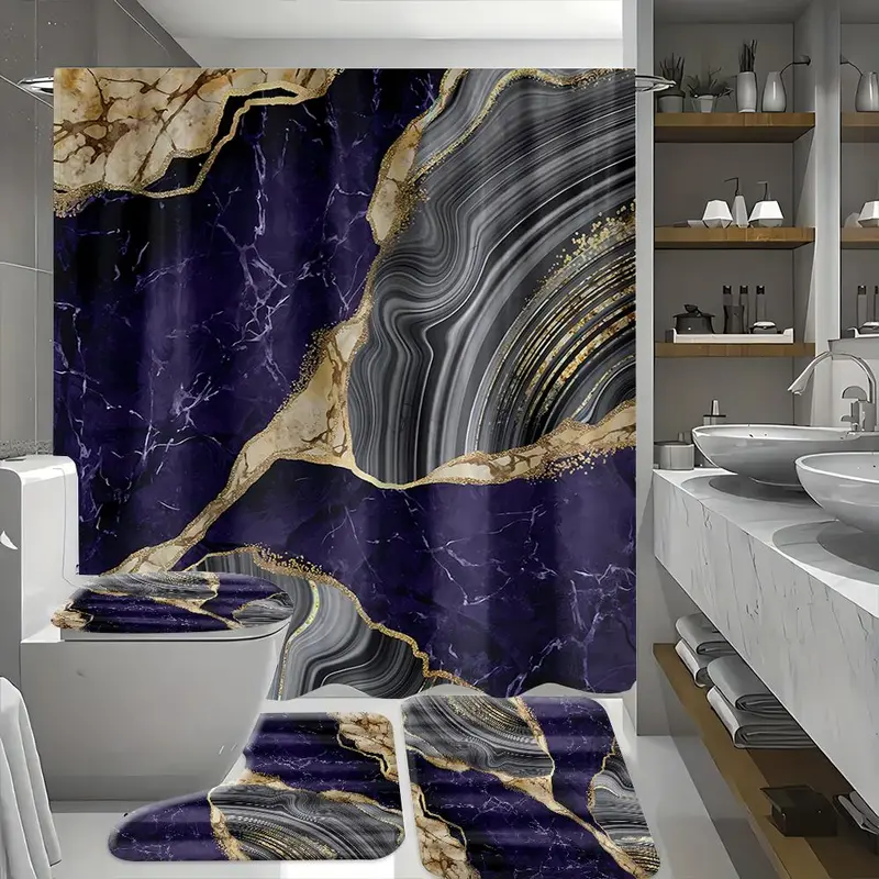 Marble Pattern Bathroom Accessories, 1 Set Including Shower Curtain with 12 Hooks, U-shaped Mat, Toilet Lid Cover Pad and Rectangular Mat 5