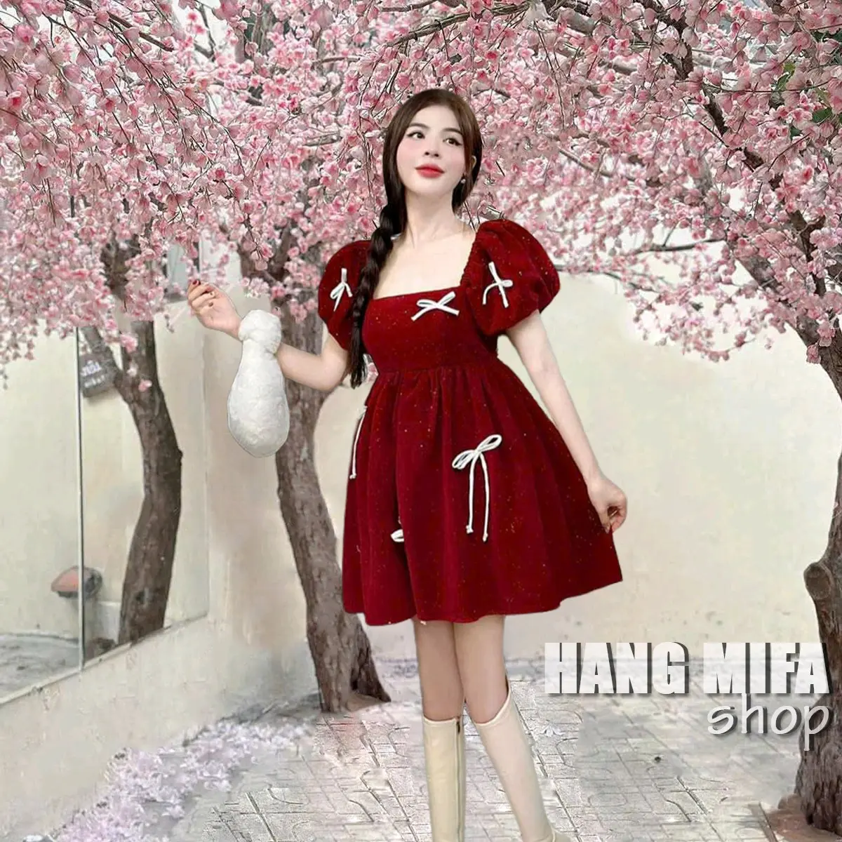 SET ÁO BABYDOLL TAY PHỒNG CHẤT NHUNG ĐỎ NHŨ S148