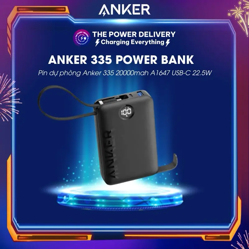 Pin dự phòng Anker 335 20000mah A1647 USB-C 22.5W hỗ trợ sạc nhanh 20W, tích hơp cáp Type C - Bảo hành 12 tháng Led Sạc Pin