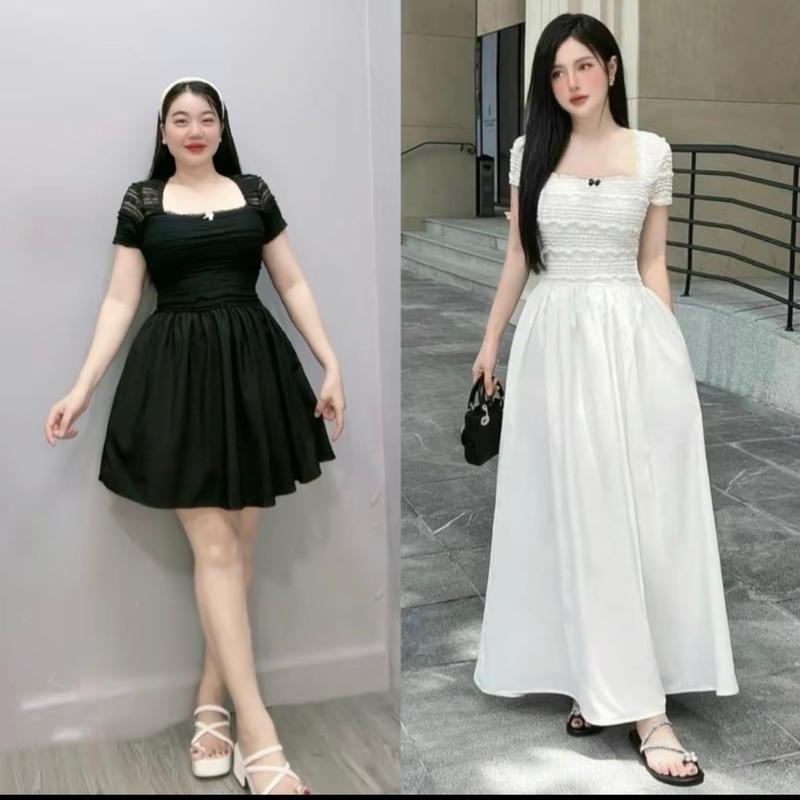 Đầm ren cổ vuông dáng dài cổ vuông cho nữ chuppy từ 60-95kg - ĐẦM REN