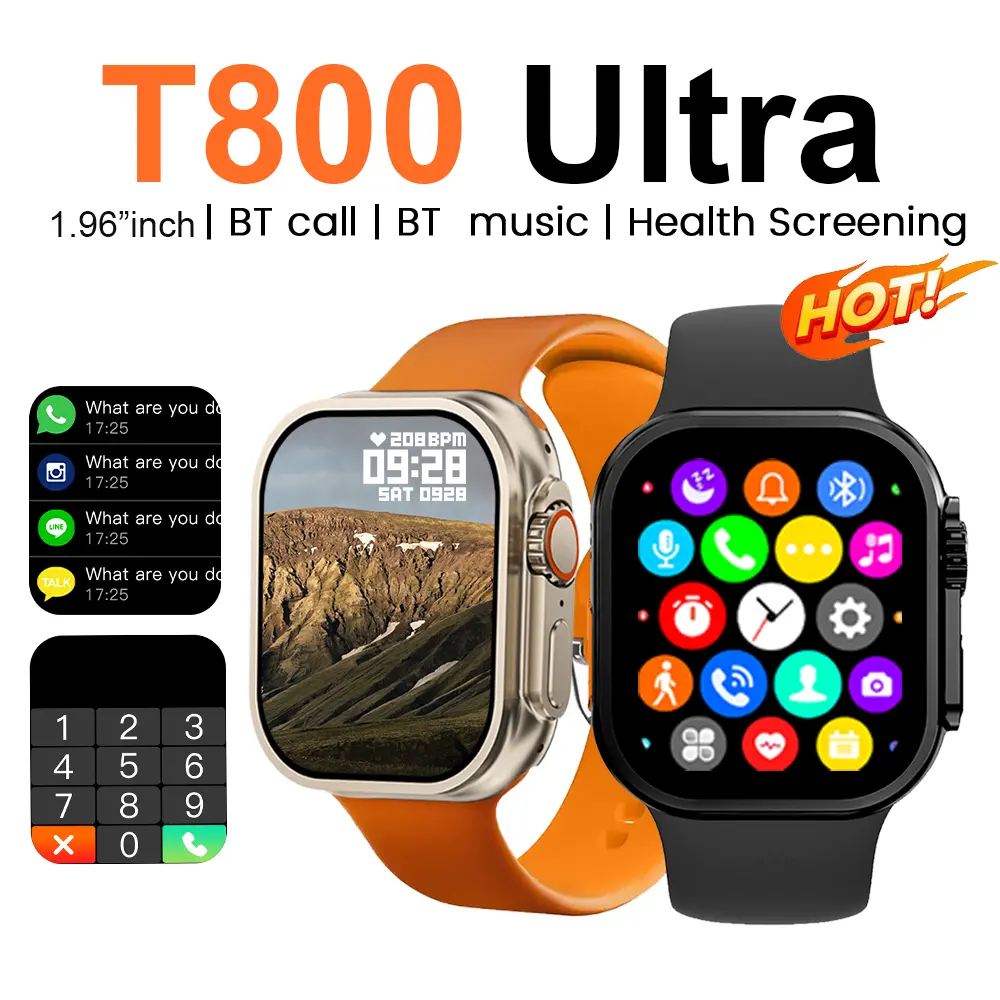 Free shipping+2024 Original New Smart Watch T800 Ultra 1.81" HD Screen Receive/Dial Calls 123 Sport Mode Heart Rate/Sleep Quality Monitoring Alarm Clock S8 Stopwatch