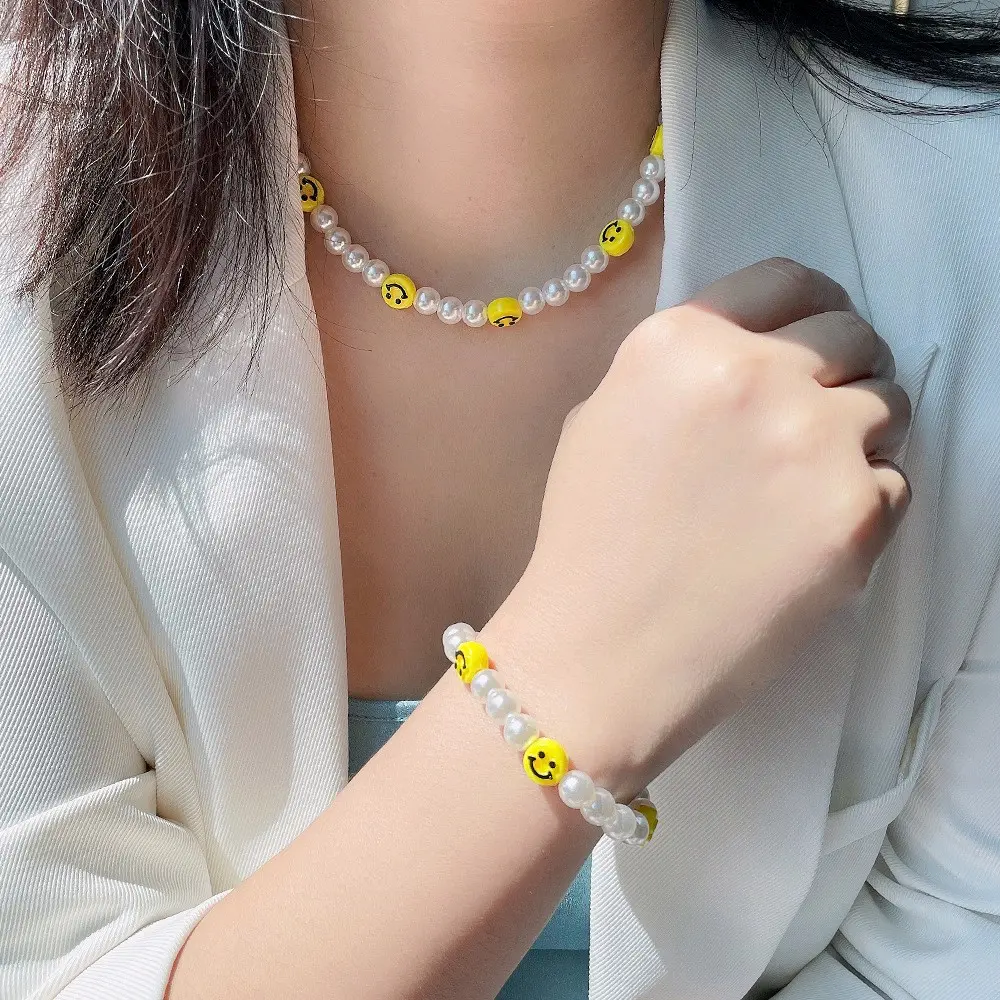 PROMO SET KALUNG GELANG MUTIARA WANITA VARIASI SMILE KUNING FANCY CERIA IMPORT