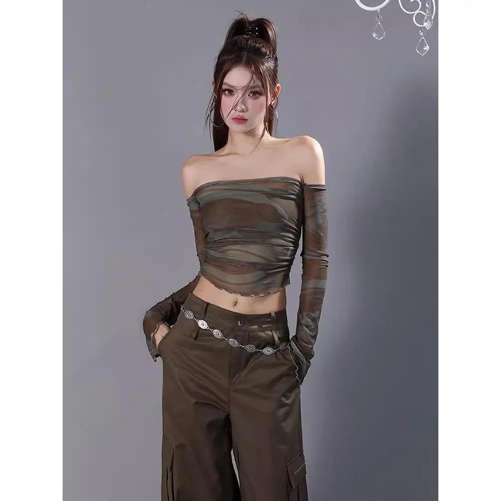 Korean style fashionable backless net yarn top,summer Sense of design dizzy dye smear chest long sleeved T-shirt，casual slim fit versatile top