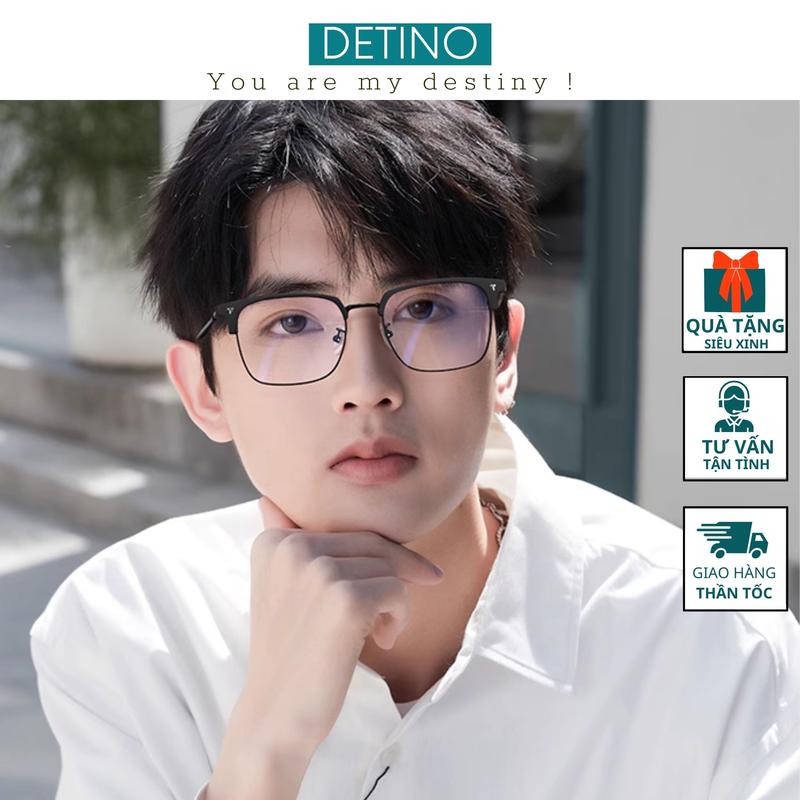 Mắt kính nam nữ thời trang đẹp gọng kính cận 0 độ nửa gọng kiểu dáng vuông tròn Ngăn ánh sáng xanh và tia UV tặng hộp đựng và khăn lau DETINO K20