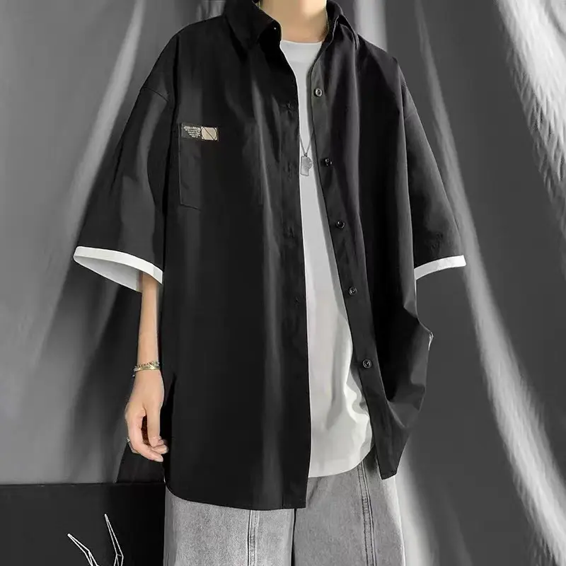 Kemeja pria lengan pendek korean style oversize kemeja hitam cowok kasual kemeja batik longgar kemeja panel pria kaos couple pasangan kemeja polos korea Premium Impor kemeja2023 Remaja 4