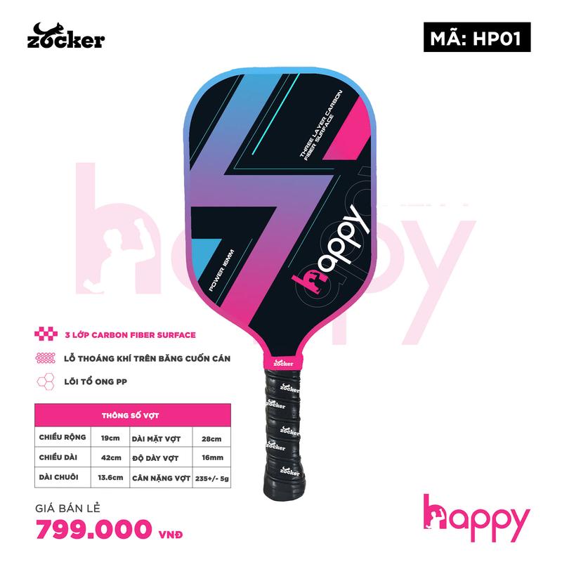 [Zocker Sport] Vợt Pickleball Zocker Happy Standard Quality HP01, mặt vợt carbon độ dày 16mm