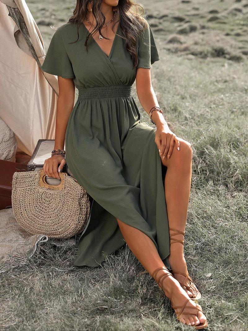 Product Introduction of Women's Plain Split Thigh A Line Dress, Green Dress Lady, Boho Shirred Butterfly Sleeve Long Dress for Beach Holiday Vacation, Ladies Clothes for All Seasons, Summer Dresses 2025 11