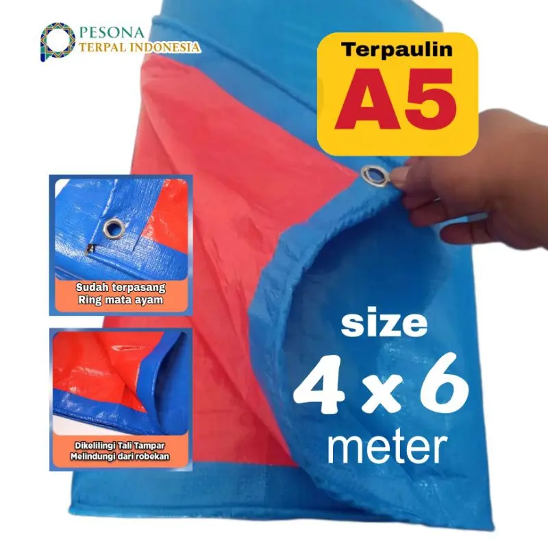 Terpal A5 Korea Biru Oren import ukuran 4x6 meter Plastik korea sudah terpasang ring mata ayam dan Tali penguat pinggiran