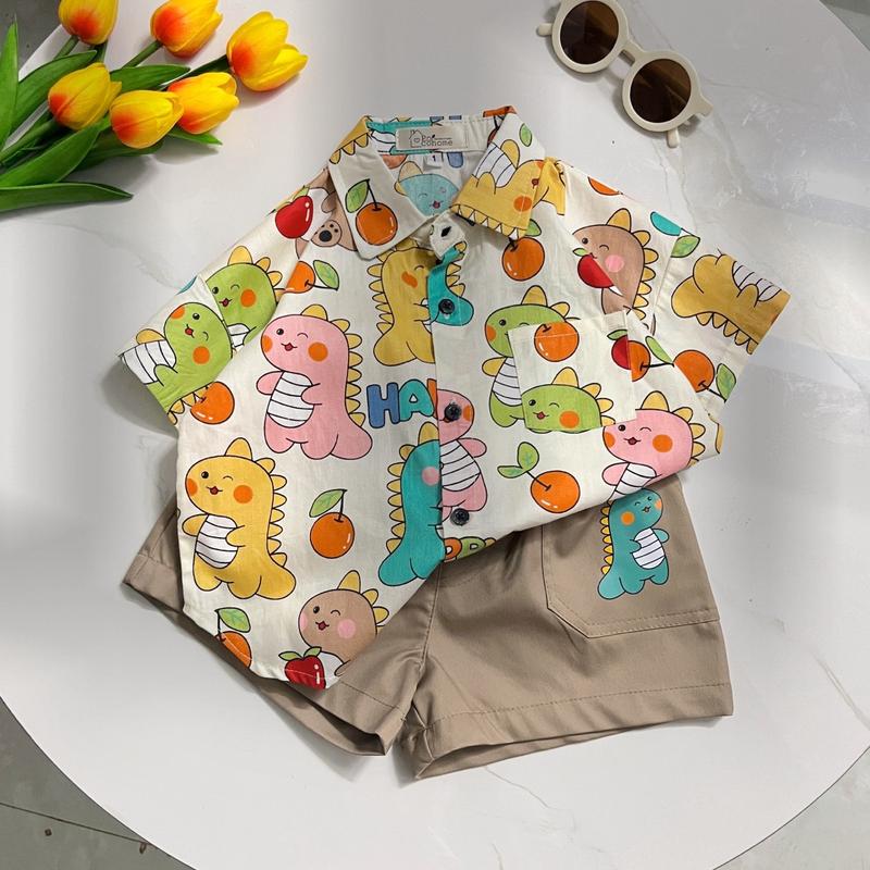 Set sơ mi Khủng Long bé trai + quần short kaki in hình co dãn cho bé 9-34kg, Vải Cotton mềm mát, thoáng khí cho bé trai,poco.