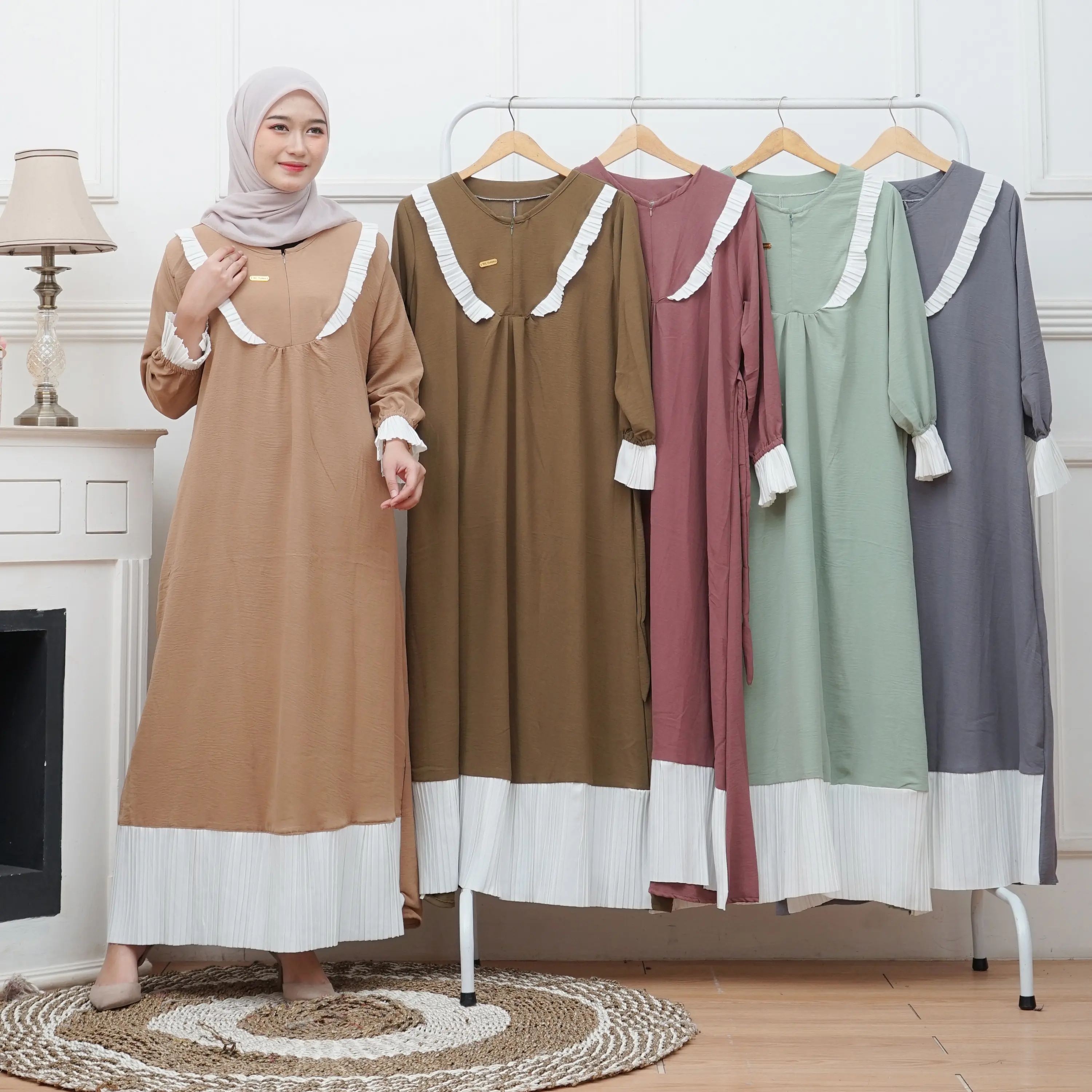 GAMIS SHERYL CRINKLE AIRFLOW PREMIUM Grey Muslim Kombinasi Dress Wanita Syari Dewasa Maxi