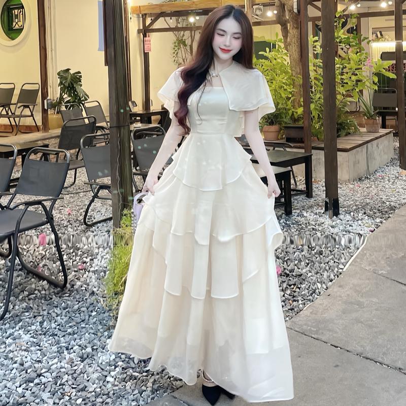  Sét đầm 2 dây form xòe xếp tầng dáng dài kèm choàng bèo S570 đi biển đi tiệc phong cách sang chảnh kín đáo chất tơ óng lót lụa có đệm mút freesize KimHoa77 
