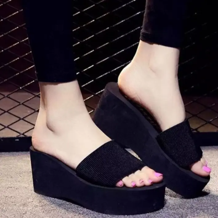 sandal tinggi wedges wanita slop POLOS Karet Kasual Sendal
