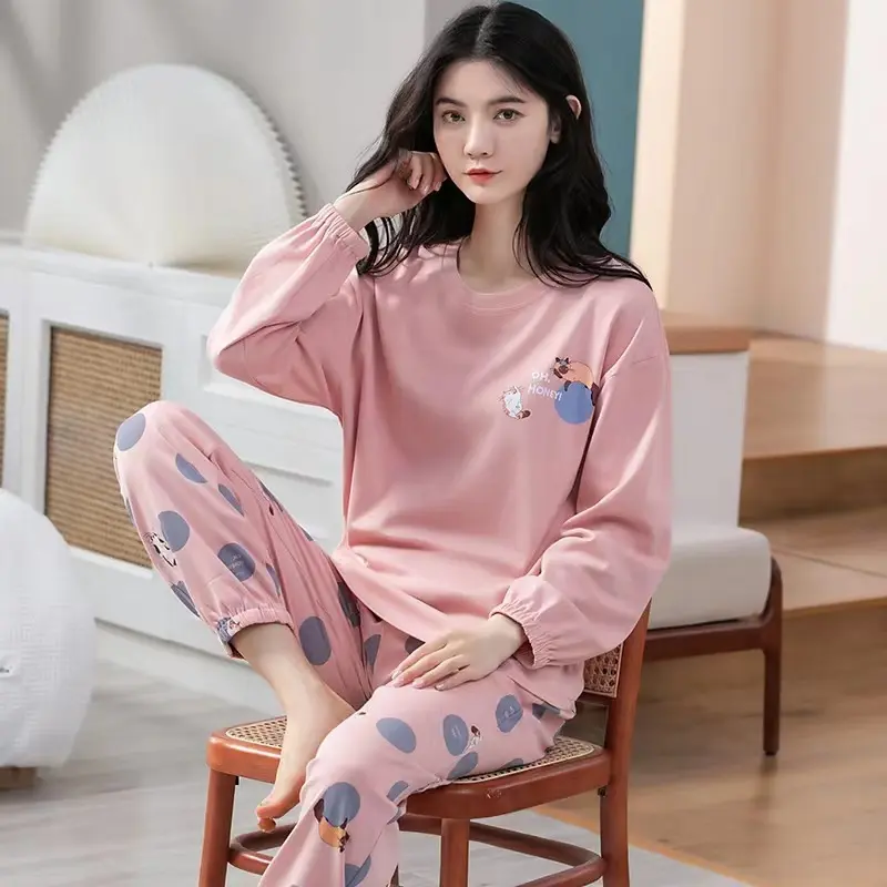 New Ankle-Tied Pajamas Women's Spring and Autumn Long-Sleeved Cotton-like Women's Autumn and Winter plus Size Casual Autumn Home Wear Suit Loungewear Nightwear Fabric Silk Womenswear Bear Imitation Lingerie Homewear Pjs