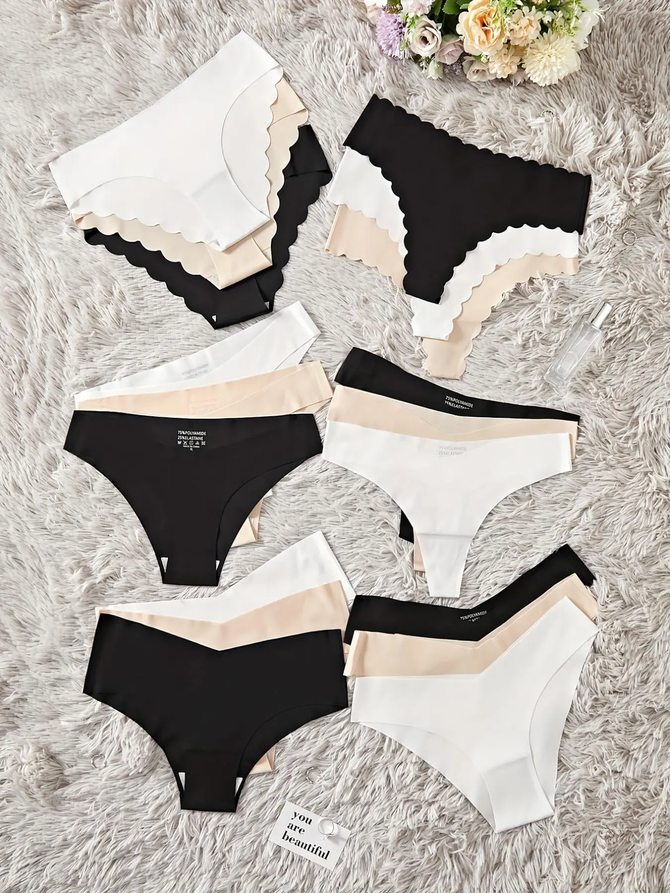 Women's 18pcs Solid Scallop Trim & V-shaped Waist Nylon Thong, Soft Comfy Breathable Seamless Knicker for Daily Wear, Summer Wear 2024, Underwear for All Seasons