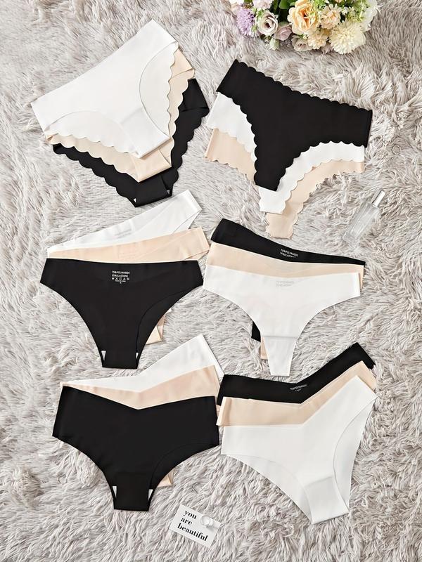 Women's 18pcs Solid Scallop Trim & V-shaped Waist Nylon Thong, Soft Comfy Breathable Seamless Knicker for Daily Wear, Summer Wear 2024, Underwear for All Seasons 0