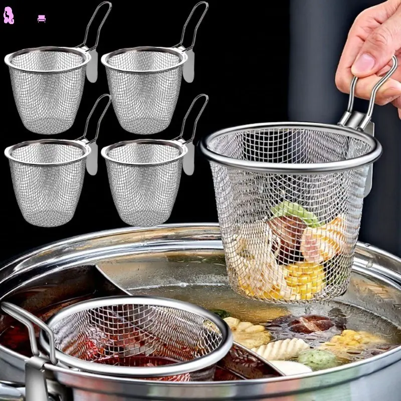 Kitchen Stainless Steel Hanging Fry Basket with Handle Mesh French Fries Hot Pot Skimmer Food Sieve Slotted Colander