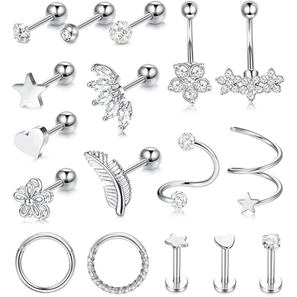 DIAMDAY 17Pcs Cartilage Earrings For Women Surgical Steel Tragus Helix Daith Rook Conch Piercing Jewelry 16G Earrings