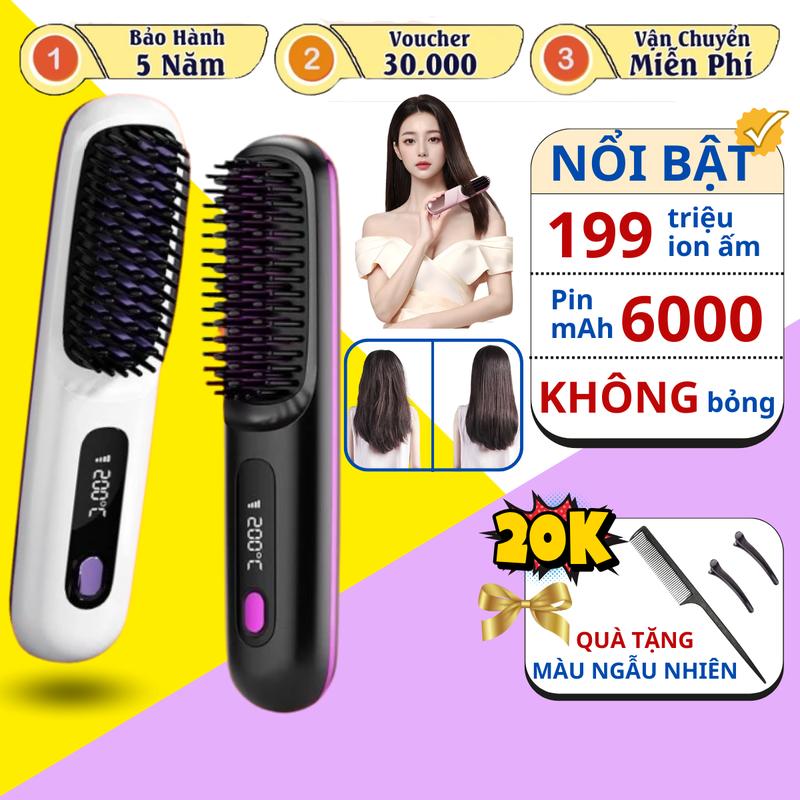 Lược điện chải tóc không dây ion âm thế hệ mới 2025, Máy duỗi thẳng tóc cao cấp, màn hình LCD hiển thị, chăm sóc tóc bóng mượt, tạo kiểu dễ dàng