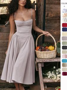 Se recomienda elegir una talla más grande. Vestido camisola liso para mujer con espalda descubierta y cremallera trasera, vestido midi elegante con tirantes ajustables para fiesta, vacaciones y como invitada de boda, ropa de verano para mujeres.