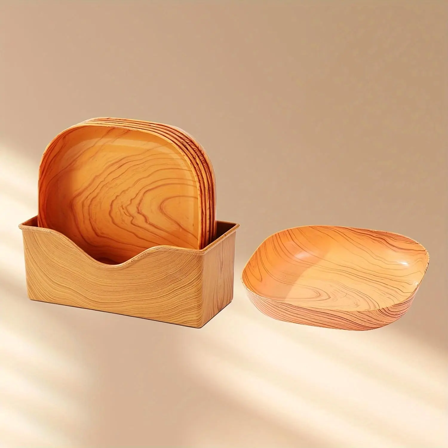 Wood Grain Serving Plate & Tray Set, 9 Counts/set Including 8 Counts Small Plates & 1 Count Tray, Fruit Plate, Snack Plate, Kitchen Accessories