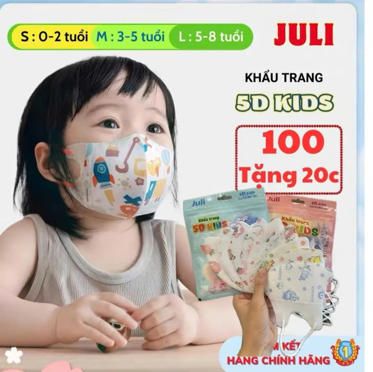 Combo 100C tặng 20C Khẩu Trang 5D JULI Kids cho trẻ em từ 0-5 tuổi nhiều hình cho bé trai, bé gái