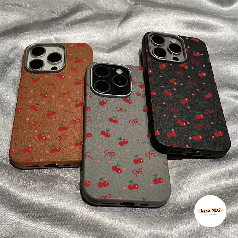 Lovely Simple Red Bow-knot Cherry Soft Case For OPPO A16 A38 A17 A3 A3X A54 A60 A58 A15 A3Pro A18 A12 A5s A7 A17K A77 A33 A5 A53 A57 A95 A76 A3Pro A96 A31 A9 Reno 12F12 Pro 11 8T 5F A92 A57 A78 Leather Texture Shockproof TPU Protective Phone Cover