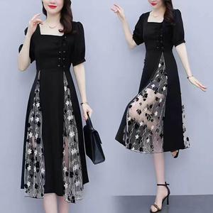 French Style Square Neck Women Short Sleeve Lace Dress Hepburn Temperament Plus Size Korean Style Gauze A-line Dresses defined waist