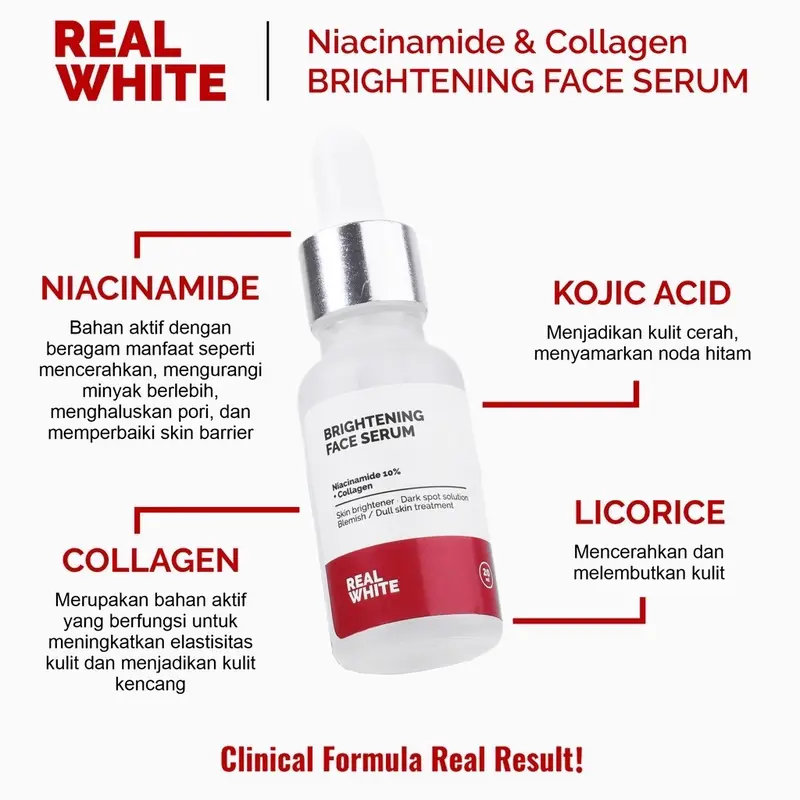 Real White Original Niacinamide Brightening Face serum Alpha Arbutin Serum Aha bha peeling toner dan serum night cream collagen vit c day cream intensive repair eye cream  toner face wash body realwhite retinol ceramide drying mini underarm 2