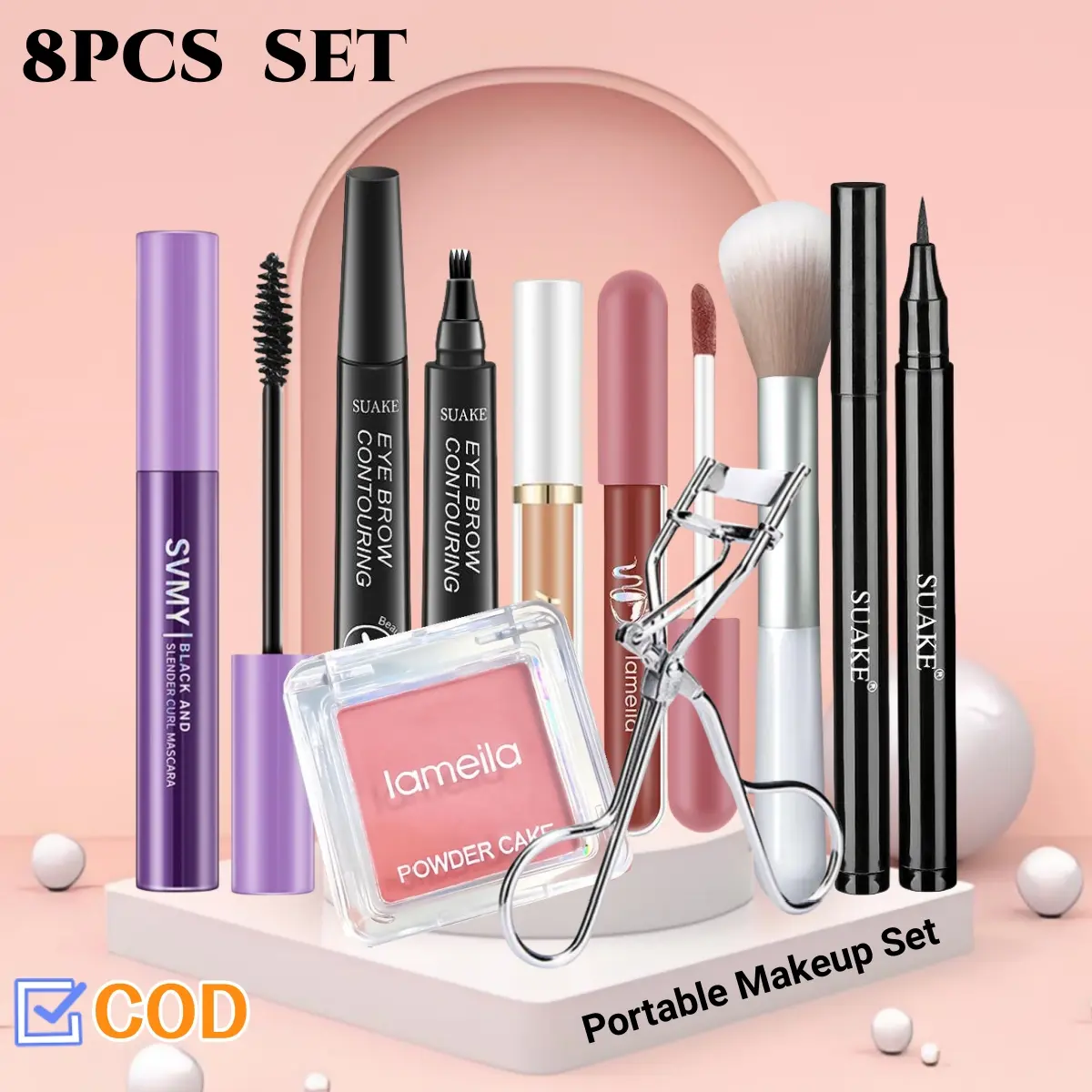 【 COD&HOT Sale 】 8 piece full makeup set Eye black+concealer+eyeliner +Blush+eyebrow pencil+lip gloss +Eyelash curler+makeup brush Long lasting  Lipstick and Powder  waterproof effect Flawless Makeup Set Girl cosmetics