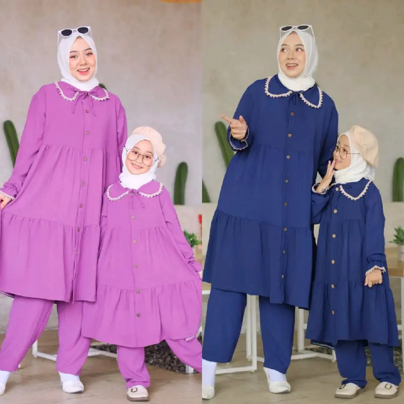 Baju One Set Setelan Stelan Celana Panjang Dan Atasan Tunik  Wanita Dewasa Muslim Crinkle Crengkle Kringkel Airflow Couple Ibu Dan Anak Perempuan Terbaru Kekinian Cantik Simple Elegant Pasangan Mewah Keluarga Polos 0