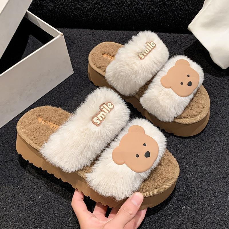 (Hàng Sẵn) Dép Lông 2 Quai SMILE Đế Cao Dễ Thương Thời Trang Mùa Thu Đông Gắn Gấu Mền Mịn Nhẹ Phối Đồ Cực Xinh [Mã 52] Hàng QCCC Slipper Nữ