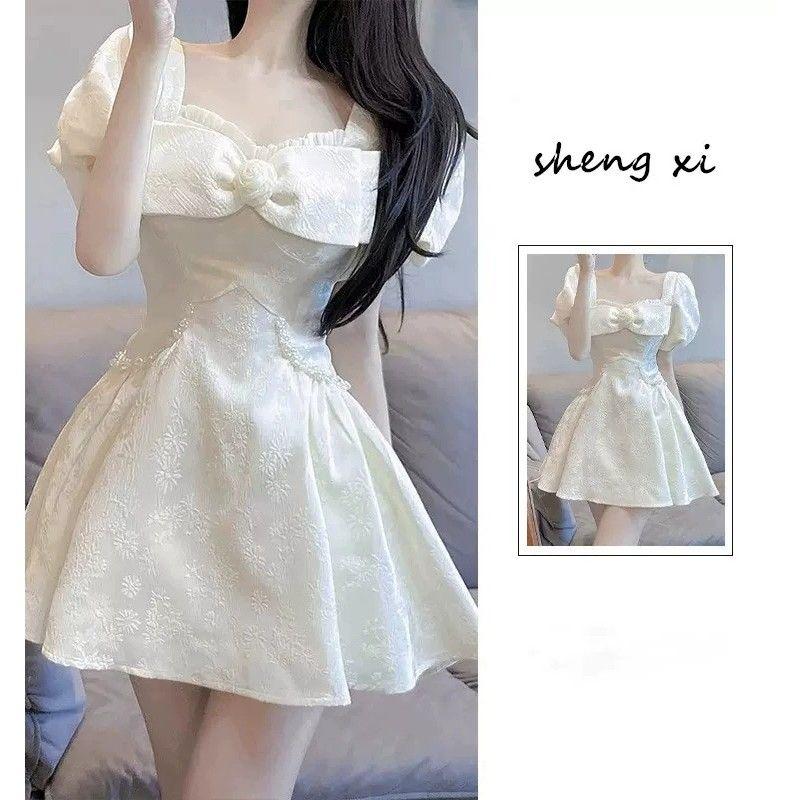 Nữ  Dress Váy Trắng, Miss Qianjin, Phong Cách Pháp, Tay Phồng Mỏng, Vải Jacquard, Cổ Vuông, Có Nơ, Váy Bong Bóng Công Chúa Women Lệch Vai 1