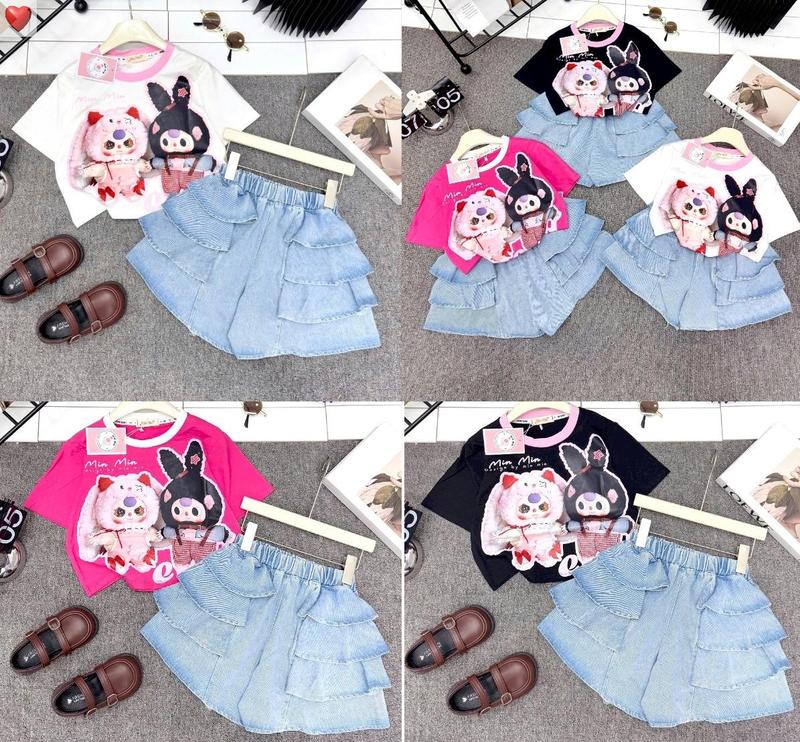 [MinMinKid2] (17-43kg) Set áo thun cotton in hình Baby Three đáng yêu phối quần SỌC JEAN NHIỀU TẦNG cho bé gái